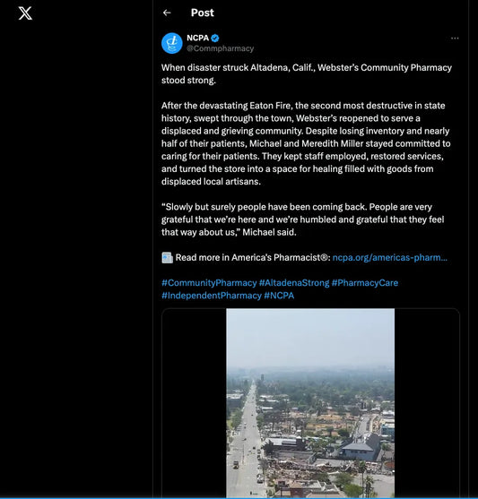 Screenshot of National Community Pharmacists Association (NCPA) post: When Disaster Struck Altadena, Webster's Community Pharmacy Stood Strong