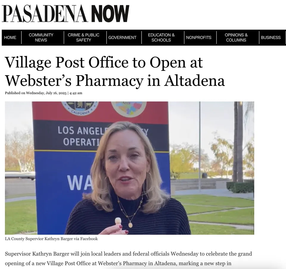 Screenshot of Pasadena Now coverage: Village Post Office to Open at Webster's Pharmacy in Altadena