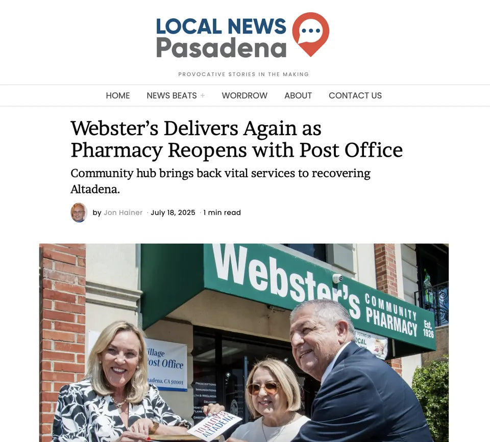 Screenshot of Local News Pasadena coverage: Webster's Delivers Again as Pharmacy Reopens with Post Office