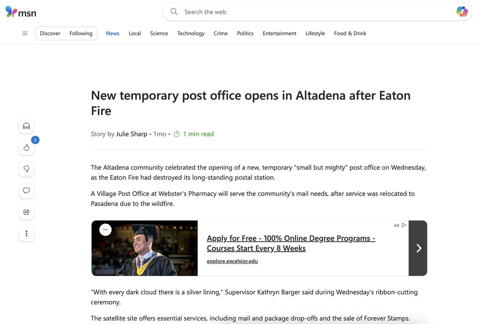 Screenshot of MSN coverage about Webster's Community Pharmacy: New Temporary Post Office Opens in Altadena After Eaton Fire