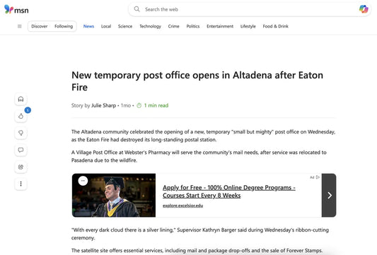 Screenshot of MSN coverage about Webster's Community Pharmacy: New Temporary Post Office Opens in Altadena After Eaton Fire