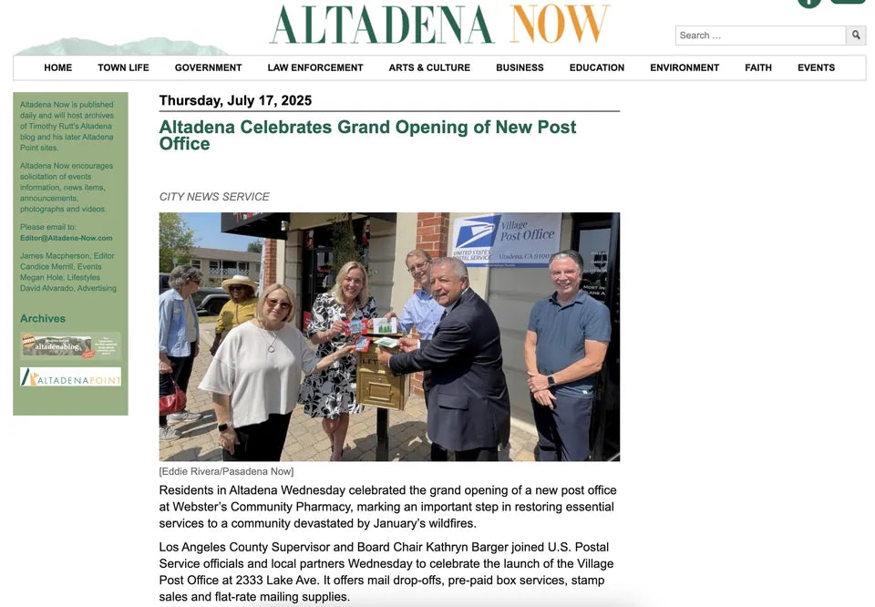 Screenshot of Altadena Now coverage about Webster's Community Pharmacy: Altadena Celebrates Grand Opening of New Post Office