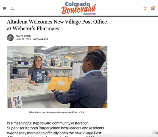 Screenshot of ColoradoBoulevard.net coverage: Altadena Welcomes New Village Post Office at Webster's Pharmacy