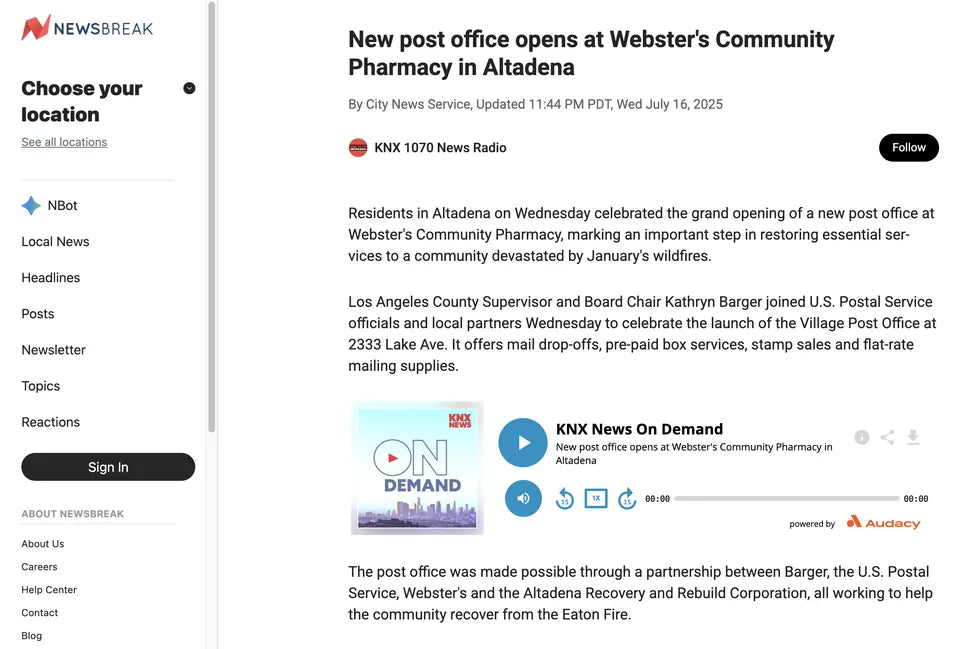 Screenshot of KNX News 97.1 FM coverage: New Post Office Opens at Webster's Community Pharmacy in Altadena
