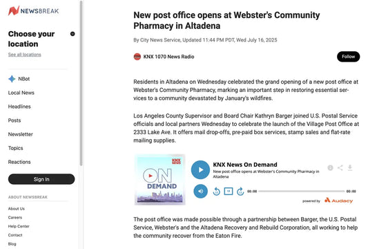Screenshot of KNX News 97.1 FM coverage: New Post Office Opens at Webster's Community Pharmacy in Altadena