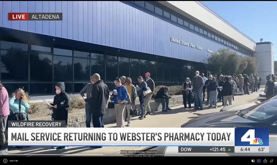 Screenshot of NBC Los Angeles coverage: Mail Service Returning to Webster's Pharmacy in Altadena