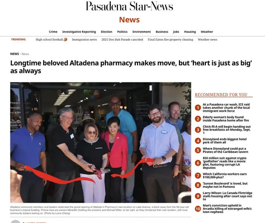 Screenshot of Pasadena Star-News coverage about Webster's Community Pharmacy: Longtime Beloved Altadena Pharmacy Makes Move