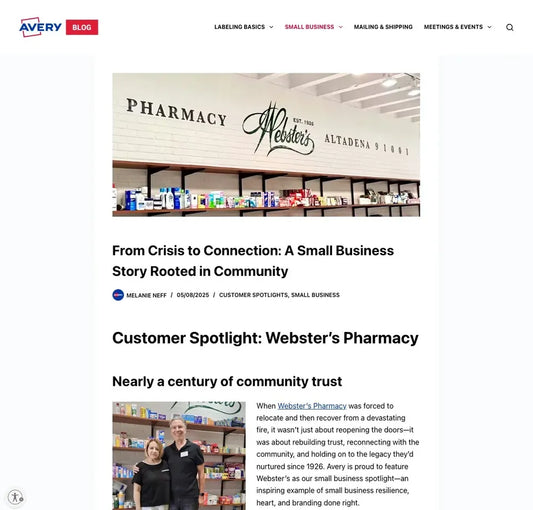 Screenshot of Avery Blog coverage about Webster's Community Pharmacy: From Crisis to Connection