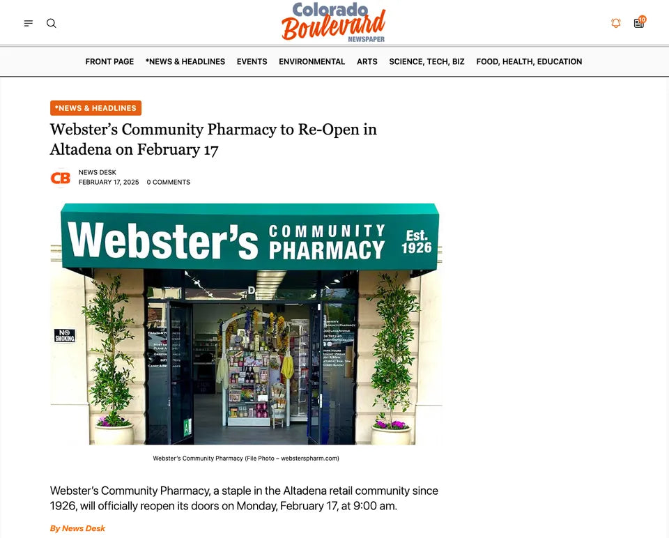 Screenshot of ColoradoBoulevard.net coverage: Webster's Community Pharmacy to Re-Open in Altadena on February 17