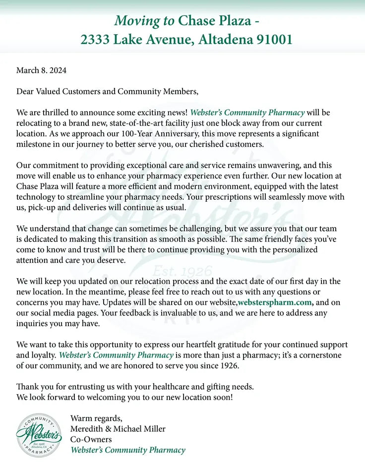Webster's Community Pharmacy press release thumbnail: Moving to Chase Plaza – 2333 Lake Avenue, Altadena 91001