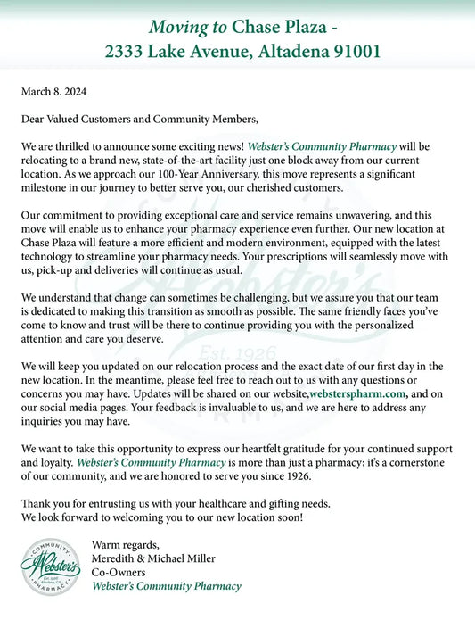 Webster's Community Pharmacy press release thumbnail: Moving to Chase Plaza – 2333 Lake Avenue, Altadena 91001
