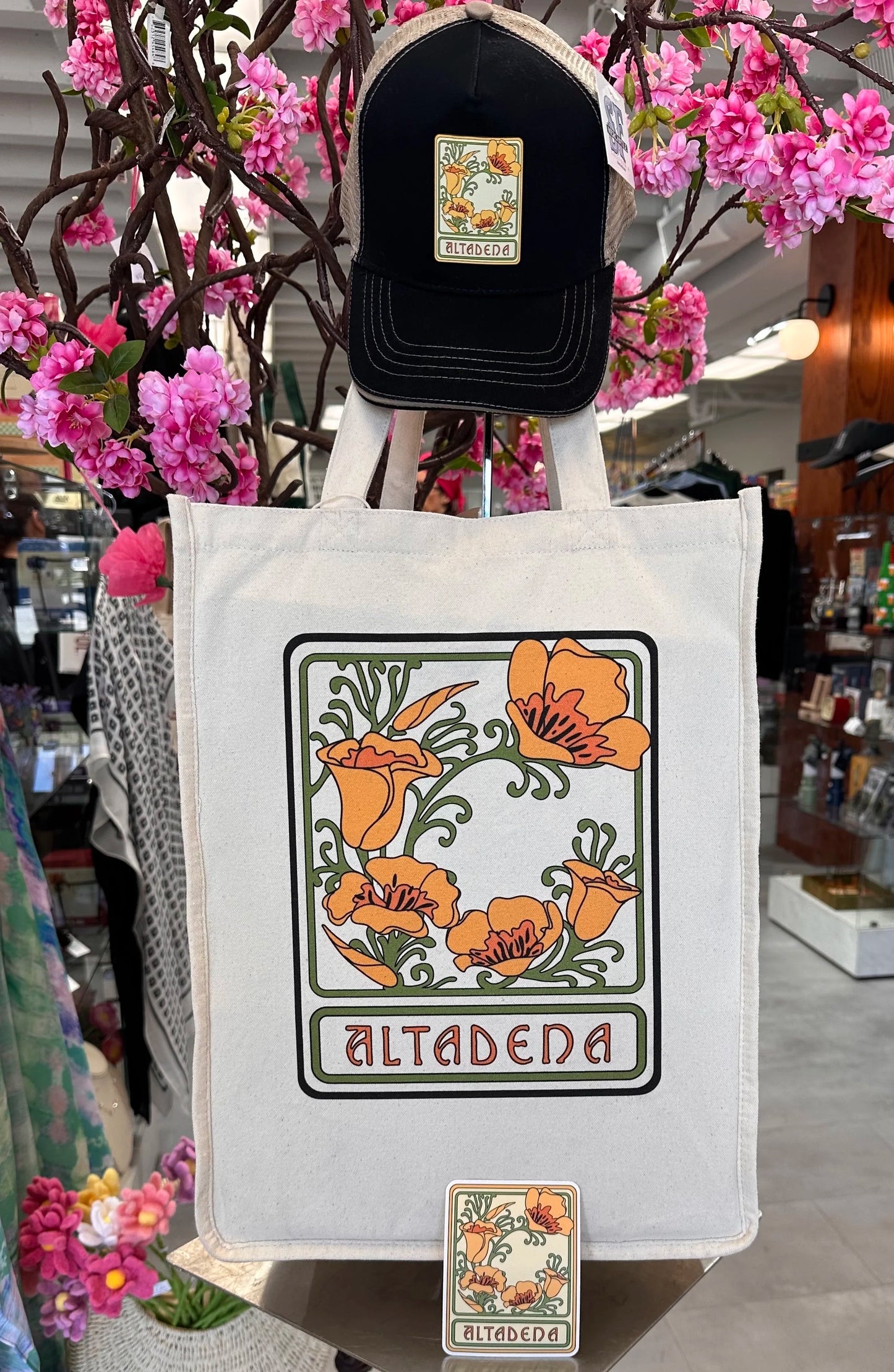 Altadena Poppy tote bag displayed in the store