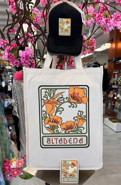 Altadena Poppy tote bag displayed in the store