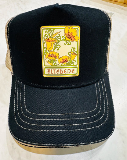 Front view of the black Altadena Poppy trucker hat