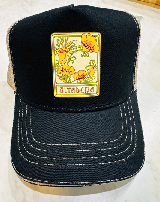 Front view of the black Altadena Poppy trucker hat