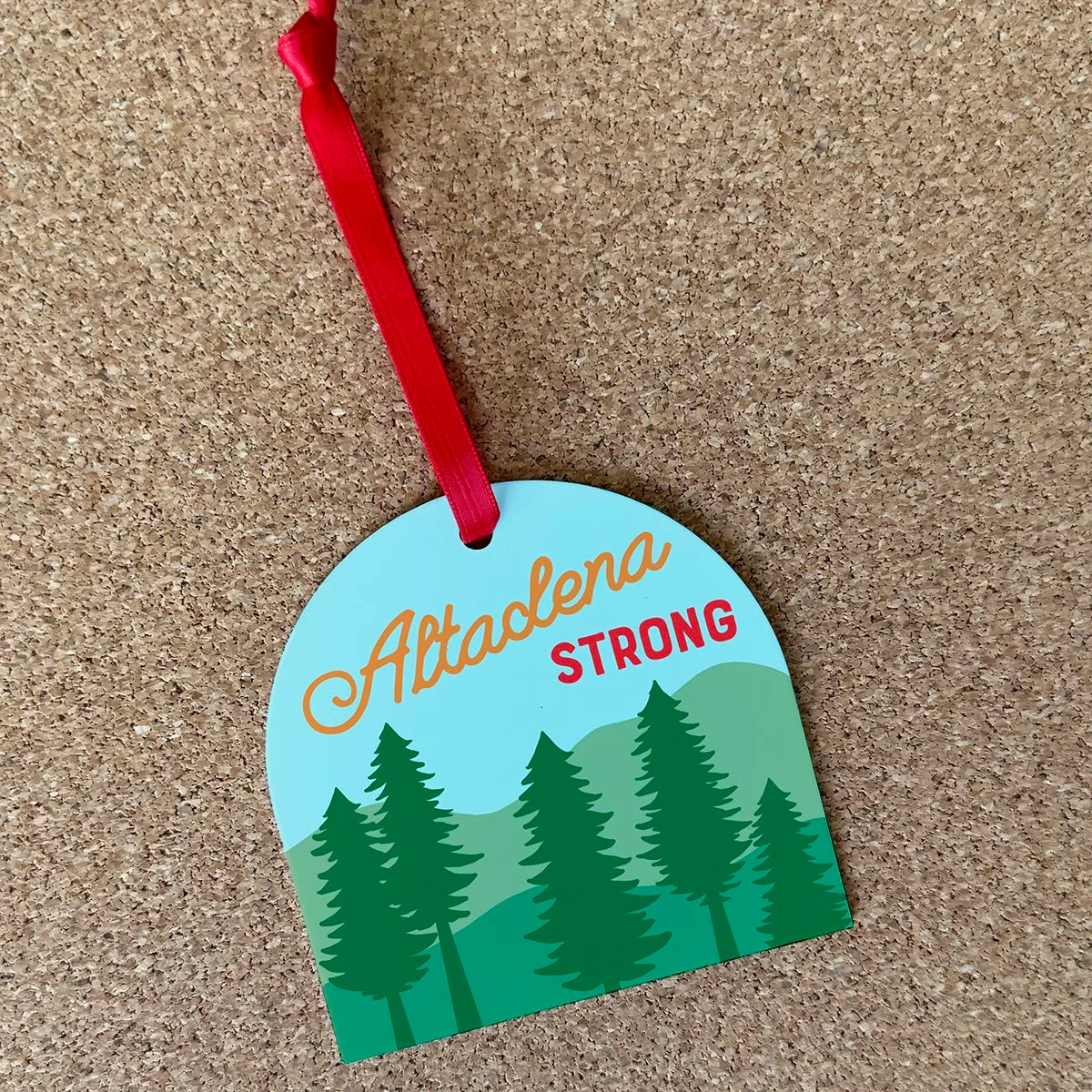 Altadena Strong metal ornament with red ribbon