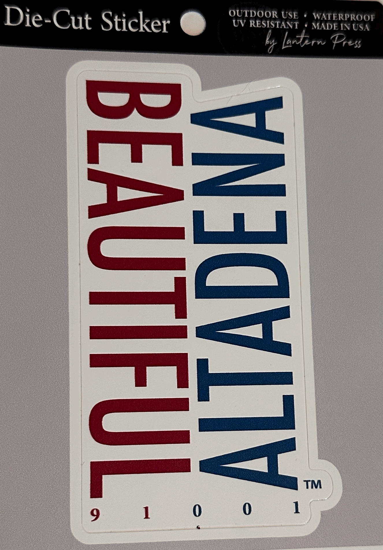 Beautiful Altadena 91001 die-cut sticker in retail packaging