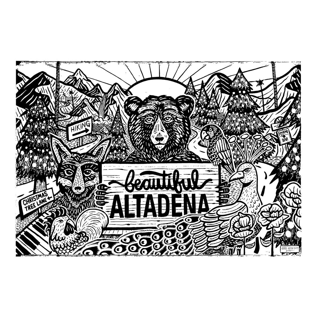 Beautiful Altadena black-and-white illustrated art print