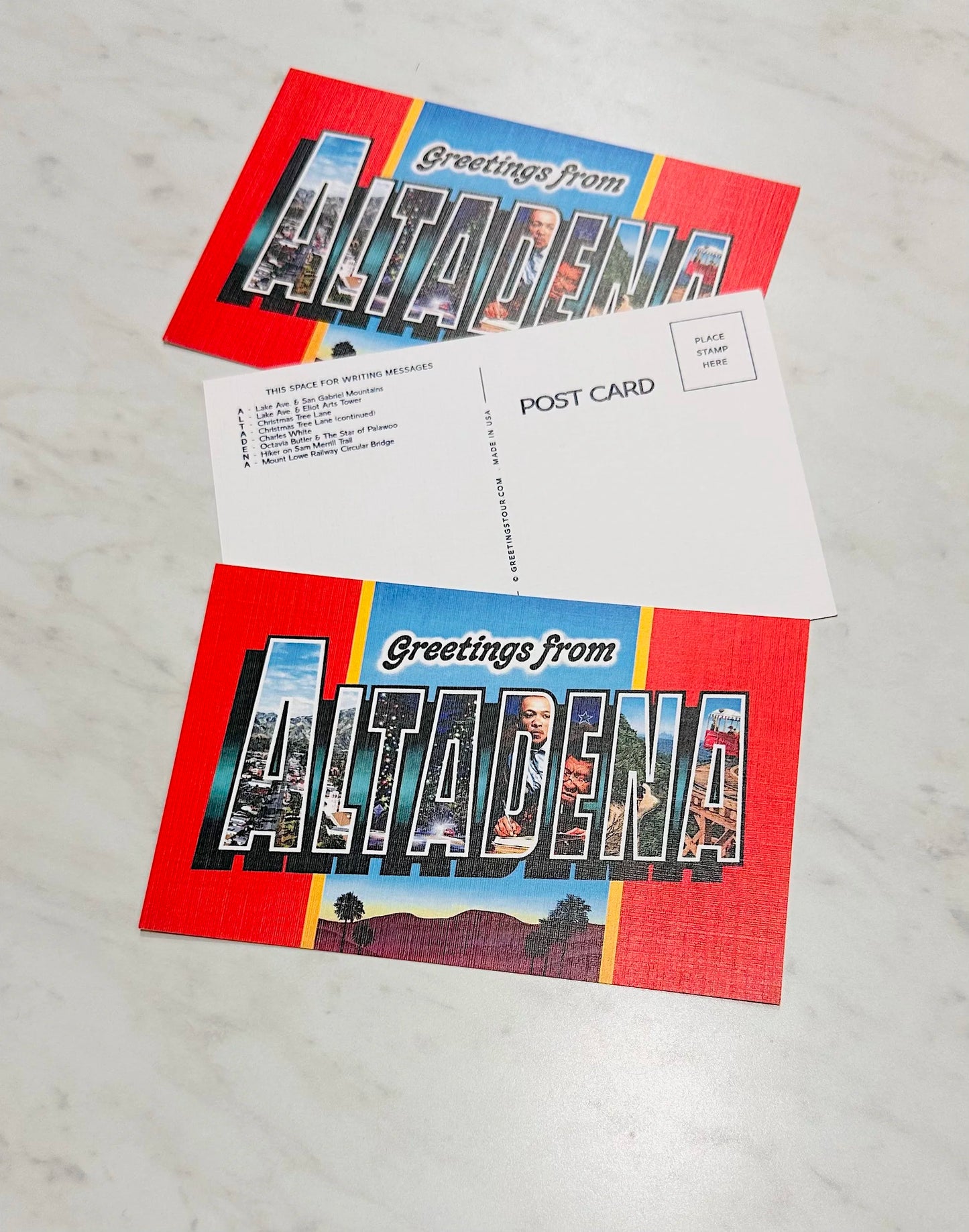Greetings From Altadena postcards showing front and back