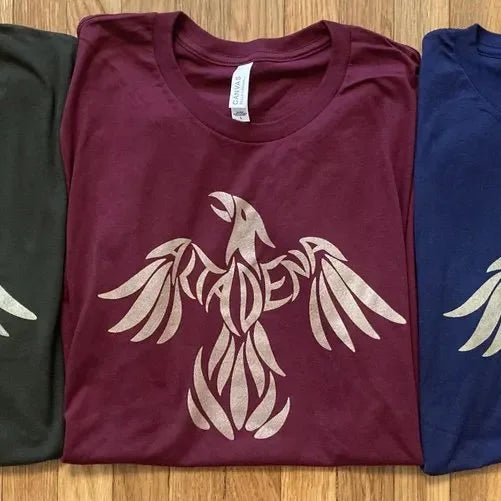Burgundy Phoenix Rising T-shirt laid flat