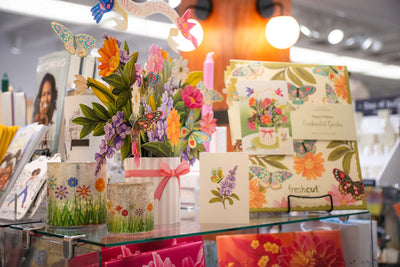 Greeting cards and flowers in the gift boutique