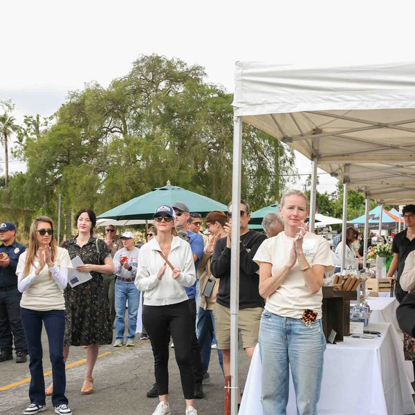Crowd applauding during the stage program at Webster's 100th anniversary street fair