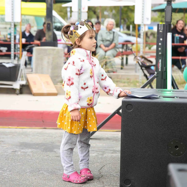 Little girl in a paper crown watching the stage at Webster's street fair