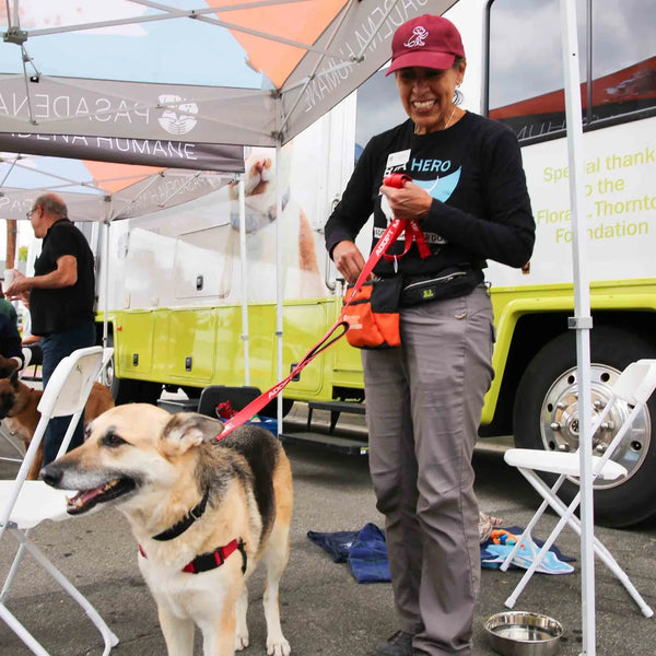 Pasadena Humane mobile adoption van and volunteer with a dog at Webster's street fair
