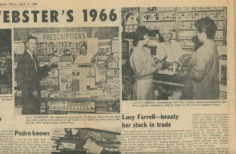 April 1966 newspaper clipping marking Webster's 40th anniversary, showing Bill Webster with registered pharmacist Richard Lee Holtine.