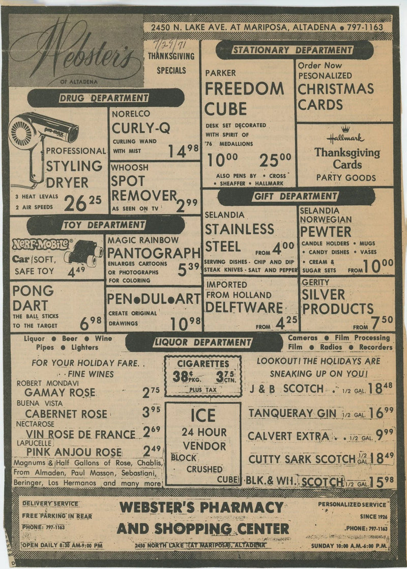 Webster's of Altadena newspaper advertisement listing its drug, toy, gift, stationery and liquor departments.