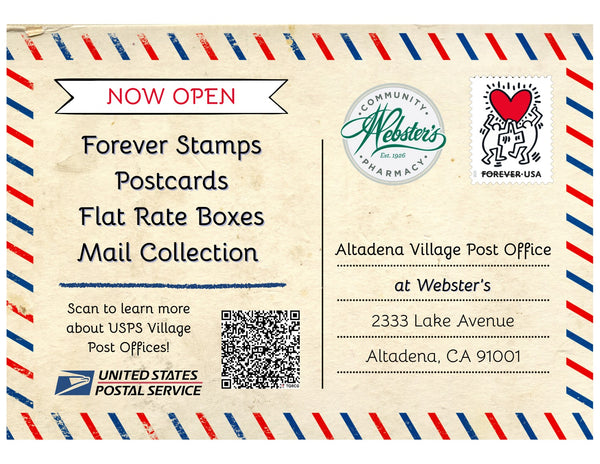 Airmail-style postcard announcing the Altadena Village Post Office at Webster's, 2333 Lake Avenue: Forever stamps, postcards, flat-rate boxes, and mail collection, now open.